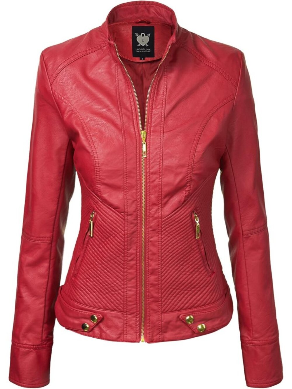 Women's Red Solid Faux Leather Slim Fit Panelled Vegan Classic Motor Bike Jacket